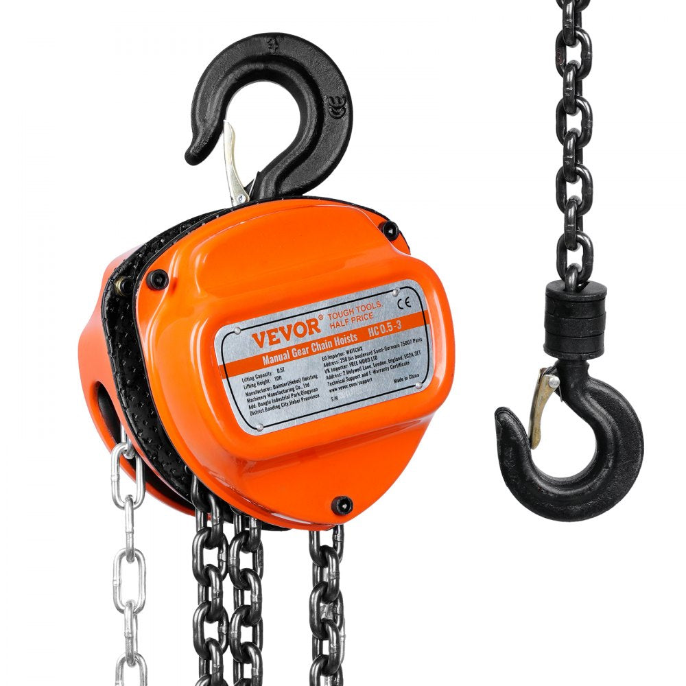 ODDTOOLS 1/2 Ton Hand Chain Hoist 10 FT Come Along, 1100 lbs Capacity G80 Galvanized Carbon Steel with Double-Pawl Brake, Auto Chain Leading & 360° Rotation Hook, for Garage Factory Dock