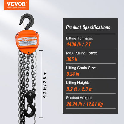 ODDTOOLS  2 Ton Hand Chain Hoist 10 FT Come Along, 4400 lbs Capacity G80 Galvanized Carbon Steel with Double-Pawl Brake, Auto Chain Leading & 360° Rotation Hook, for Garage Factory Dock