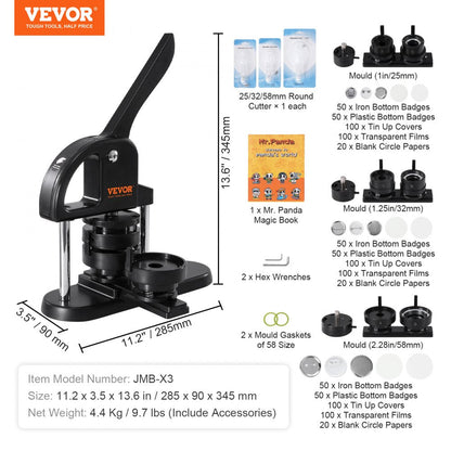 ODDTOOLS Button Maker, 1/1.25/2.28 inch(25/32/58mm) 3-IN-1 Pin Maker, with 300pcs Button Parts, Button Maker Machine with Panda Magic Book, Ergonomic Arc Handle Punch Press Kit, For Children DIY Gifts