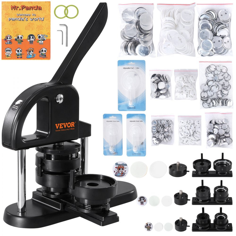 ODDTOOLS Button Maker, 1/1.25/2.28 inch(25/32/58mm) 3-IN-1 Pin Maker, with 300pcs Button Parts, Button Maker Machine with Panda Magic Book, Ergonomic Arc Handle Punch Press Kit, For Children DIY Gifts