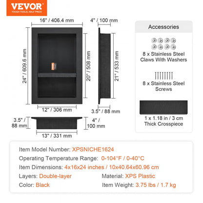 ODDTOOLS Shower Niche Ready for Tile 16" x 24", Double Shelf Organizer, Square Corners Wall-inserted Niche Recessed, Sealed Protection Modern Soap Storage Niche for Shower Bathroom, Black