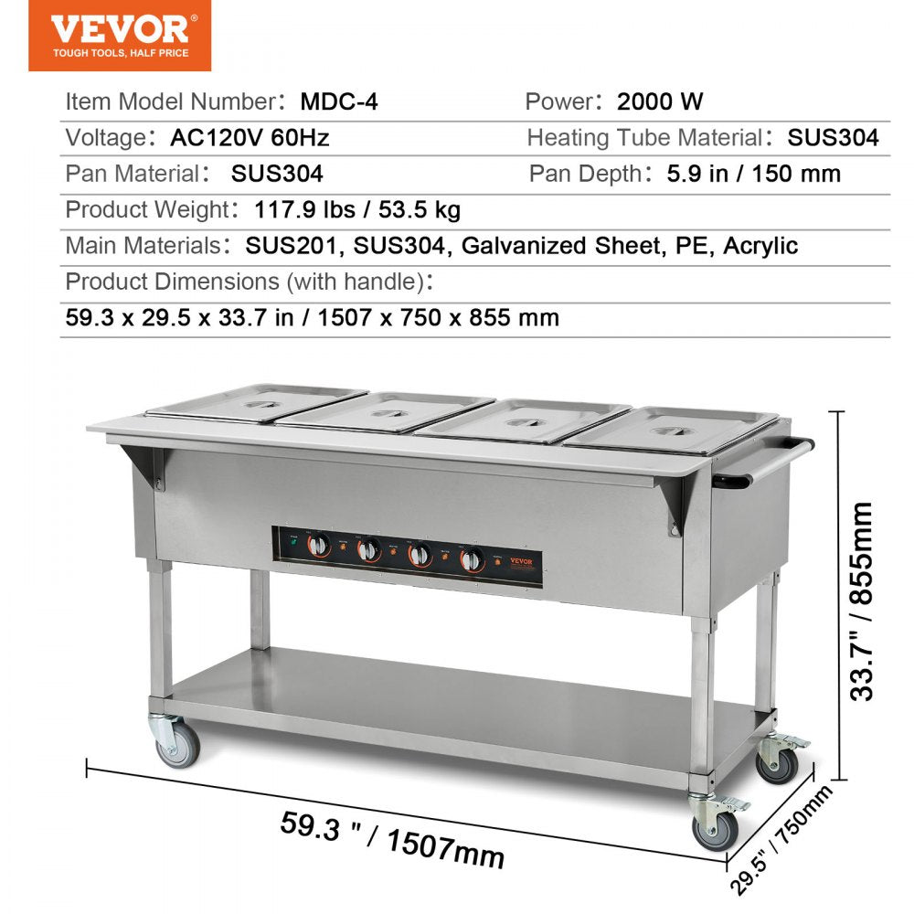 ODDTOOLS 4-Pan Commercial Food Warmer, 4 x 20.6QT Electric Steam Table, 2000W Professional Buffet Catering Food Warmer with 4 Wheels (2 Lockable), Food Grade Stainless Steel Server for Party Restaurant