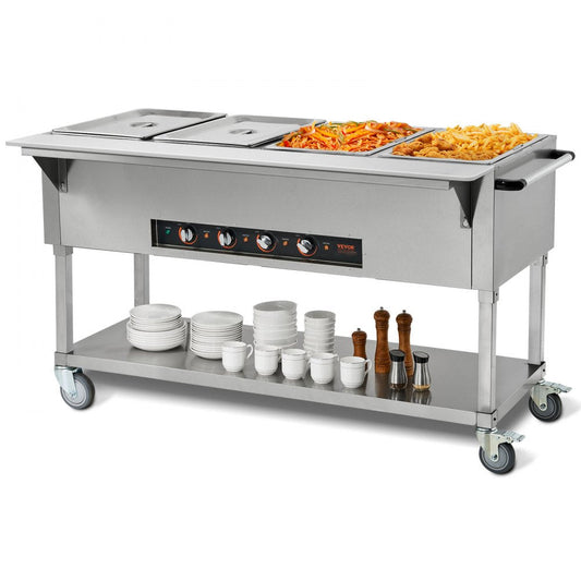 ODDTOOLS 4-Pan Commercial Food Warmer, 4 x 20.6QT Electric Steam Table, 2000W Professional Buffet Catering Food Warmer with 4 Wheels (2 Lockable), Food Grade Stainless Steel Server for Party Restaurant