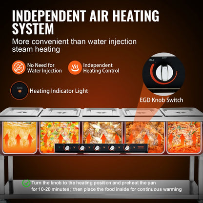 ODDTOOLS 5-Pan Commercial Food Warmer, 5 x 20.6QT Electric Steam Table, 3750W Professional Buffet Catering Food Warmer with 4 Wheels (2 Lockable), Food Grade Stainless Steel Server for Party Restaurant