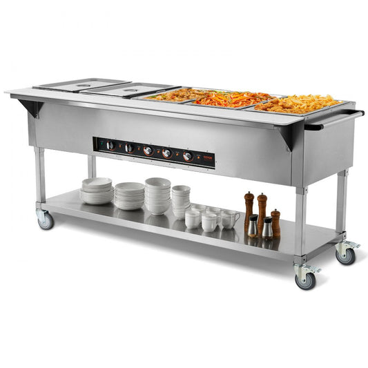 ODDTOOLS 5-Pan Commercial Food Warmer, 5 x 20.6QT Electric Steam Table, 3750W Professional Buffet Catering Food Warmer with 4 Wheels (2 Lockable), Food Grade Stainless Steel Server for Party Restaurant