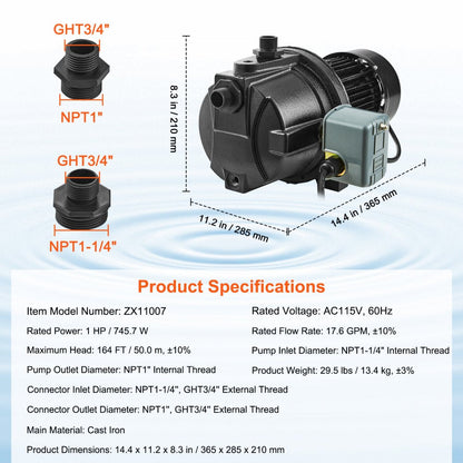 ODDTOOLS 1HP Premium Cast Iron Shallow Well Jet Water Pump, 115 Volt, 17.6 GPM 164 FT Maximum Head Irrigation Water Pump, for Agricultural Garden Irrigation System High-Rise Water Supply Shower Booster