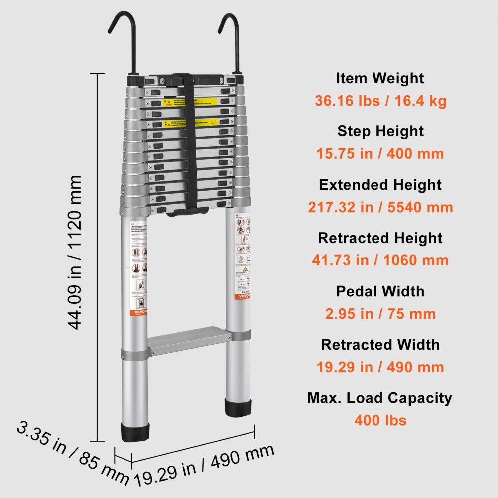 ODDTOOLS Telescoping Ladder, 18.5 FT Aluminum One-button Retraction Collapsible Extension Ladder, 400 LBS Capacity with Non-slip Feet, Portable Multi-purpose Compact Ladder for Home, RV, Loft, ANSI Liste