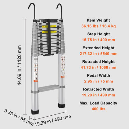 ODDTOOLS Telescoping Ladder, 18.5 FT Aluminum One-button Retraction Collapsible Extension Ladder, 400 LBS Capacity with Non-slip Feet, Portable Multi-purpose Compact Ladder for Home, RV, Loft, ANSI Liste