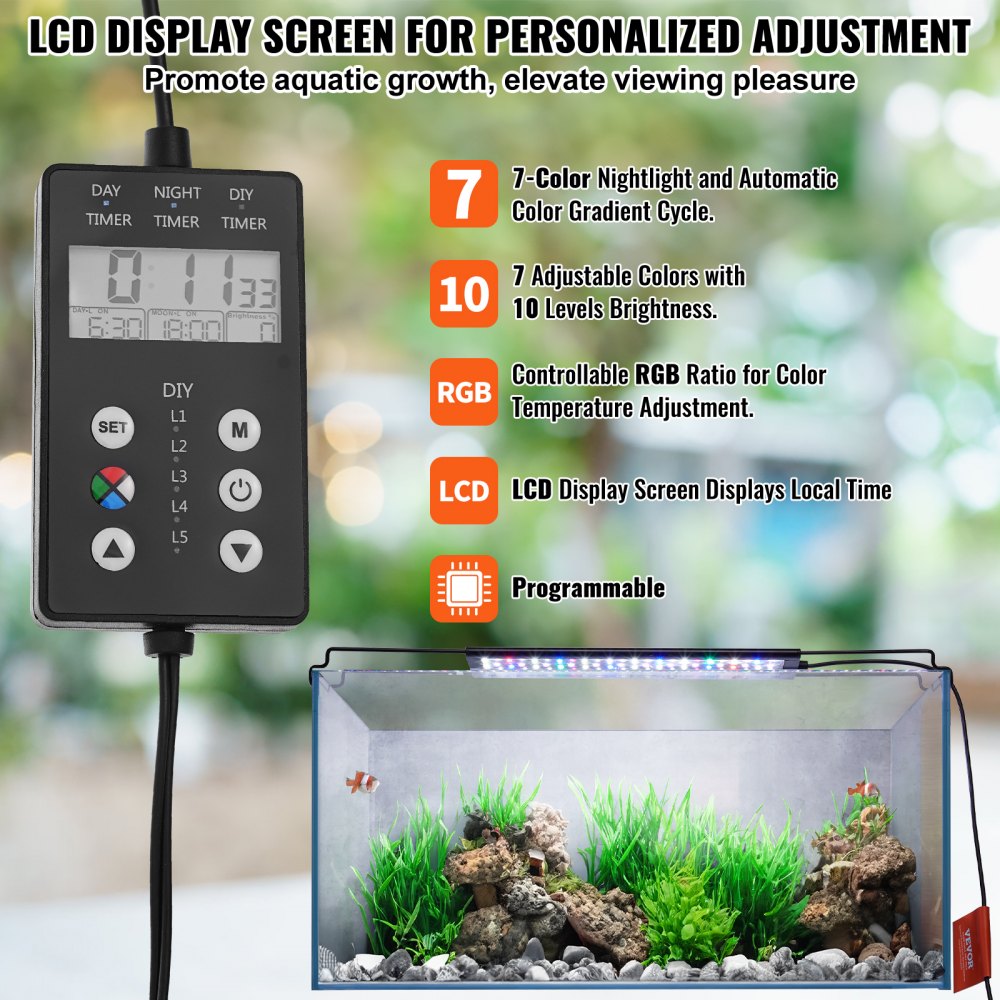 ODDTOOLS Aquarium Light with LCD Monitor, 14W Full Spectrum Fish Tank Light with 24/7 Natural Mode, Adjustable Brightness & Timer - Aluminum Alloy Shell Extendable Brackets for 12"-18" Freshwater Tank