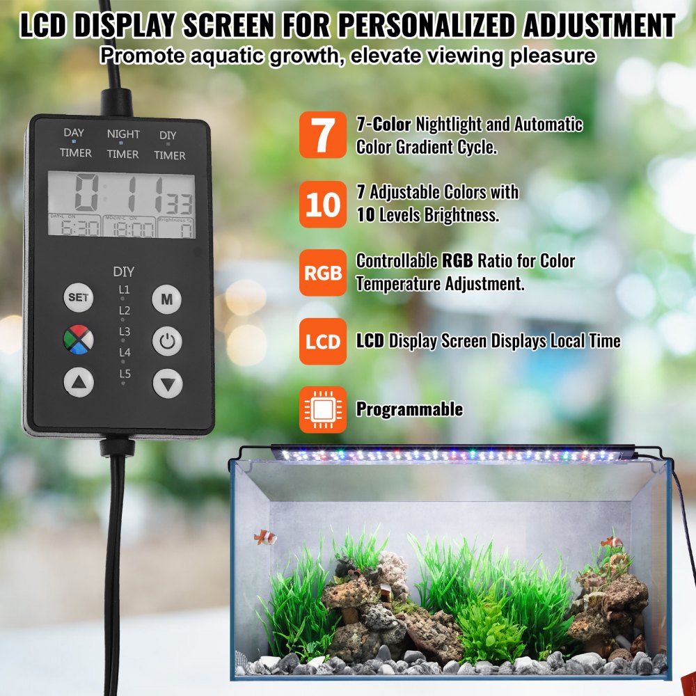 ODDTOOLS Aquarium Light with LCD Monitor, 18W Full Spectrum Fish Tank Light with 24/7 Natural Mode, Adjustable Brightness & Timer - Aluminum Alloy Shell Extendable Brackets for 18"-24" Freshwater Tank