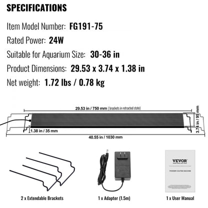 ODDTOOLS Aquarium Light with LCD Monitor, 24W Full Spectrum Fish Tank Light with 24/7 Natural Mode, Adjustable Brightness & Timer - Aluminum Alloy Shell Extendable Brackets for 30"-36" Freshwater Tank