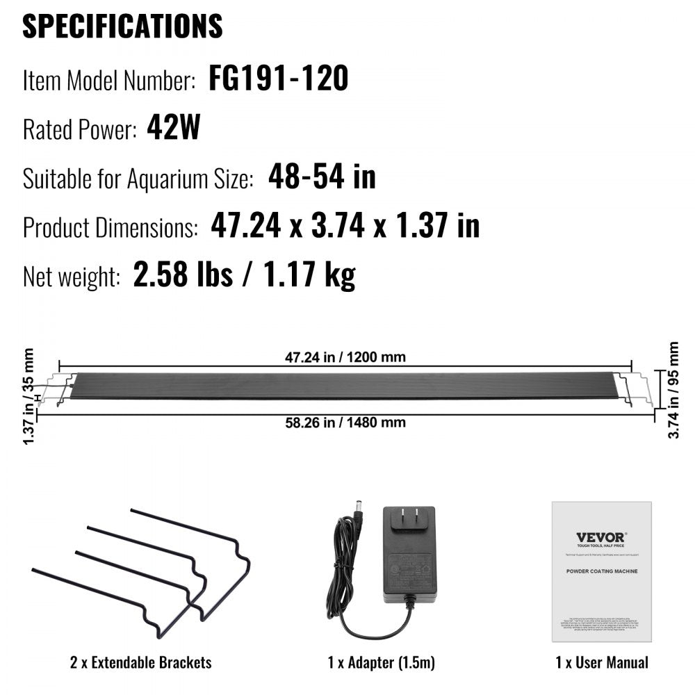ODDTOOLS Aquarium Light with LCD Monitor, 42W Full Spectrum Fish Tank Light with 24/7 Natural Mode, Adjustable Brightness & Timer - Aluminum Alloy Shell Extendable Brackets for 48"-54" Freshwater Tank