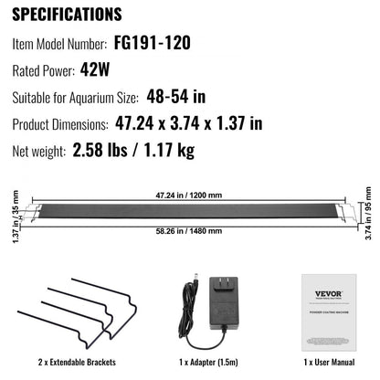 ODDTOOLS Aquarium Light with LCD Monitor, 42W Full Spectrum Fish Tank Light with 24/7 Natural Mode, Adjustable Brightness & Timer - Aluminum Alloy Shell Extendable Brackets for 48"-54" Freshwater Tank