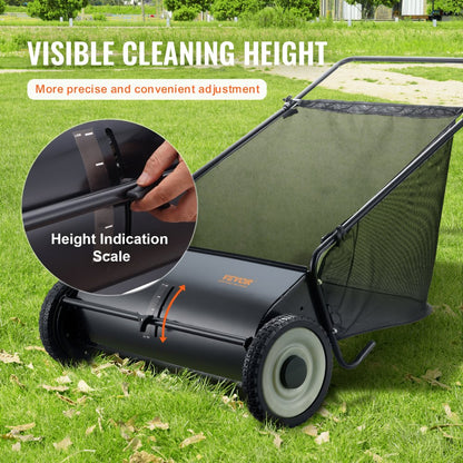 ODDTOOLS Push Lawn Sweeper, 26 Inch Leaf & Grass Collector, Strong Rubber Wheels & Heavy Duty Thickened Steel Durable to Use with Large Capacity 7 ft³ Mesh Collection Bag, 4 Spinning Brushes