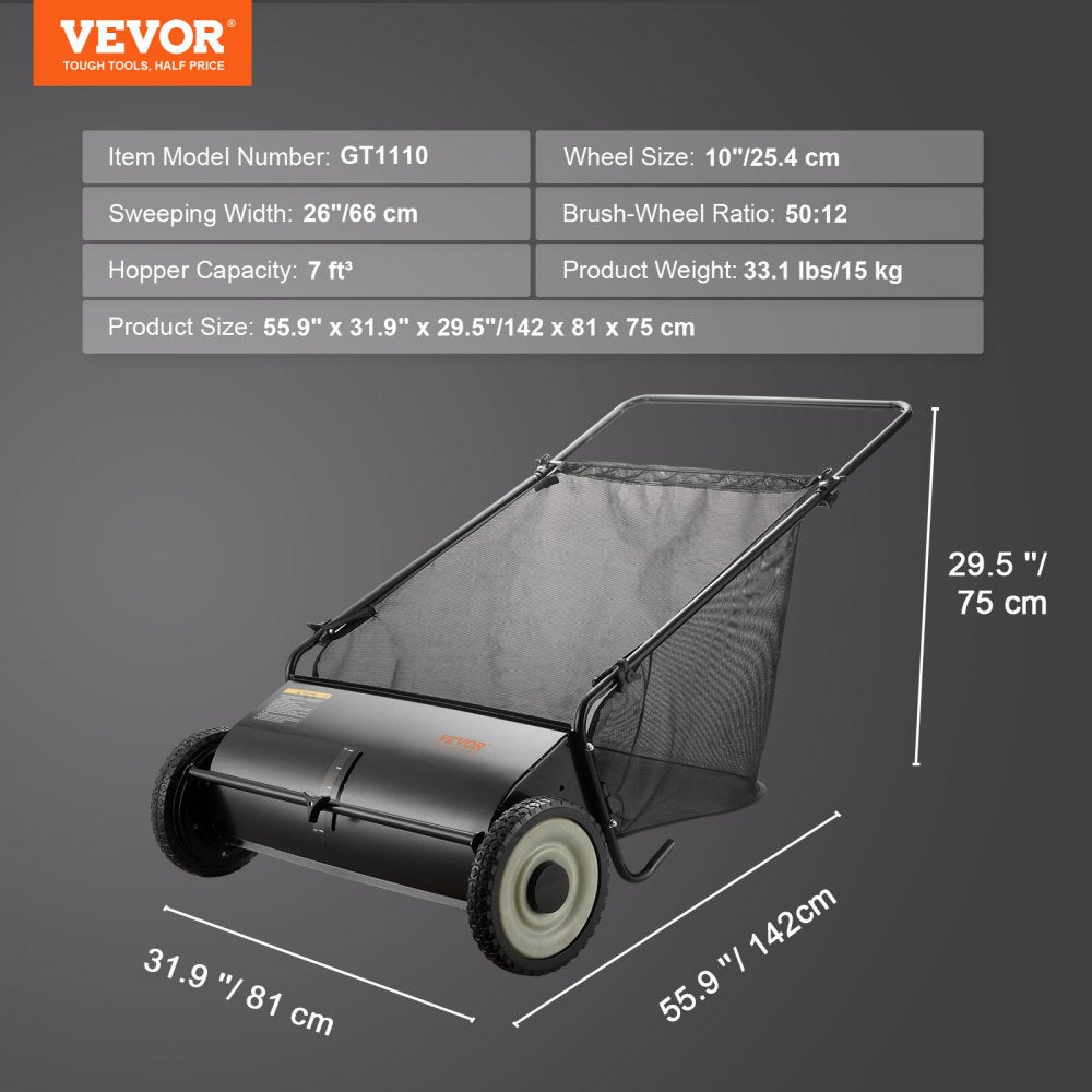 ODDTOOLS Push Lawn Sweeper, 26 Inch Leaf & Grass Collector, Strong Rubber Wheels & Heavy Duty Thickened Steel Durable to Use with Large Capacity 7 ft³ Mesh Collection Bag, 4 Spinning Brushes