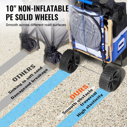 ODDTOOLS Beach Dolly with Big Wheels for Sand, 15.4" x 15.7" Cargo Deck, w/ 10" PE Solid Wheels, 69LBS Loading Capacity Folding Sand Cart, Heavy Duty Cart for Picnic, Camping, Fishing, Beach, Gardening