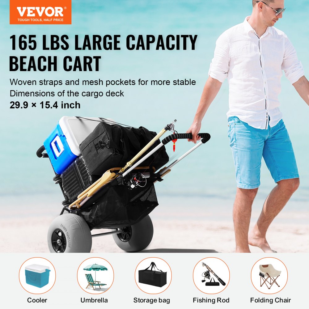 ODDTOOLS Beach Dolly with Big Wheels for Sand, 29.9" x 15.4" Cargo Deck, w/ 12" Balloon Wheels, 165LBS Loading Capacity Folding Sand Cart & 27" to 44.7" Adjustable Height, Heavy Duty Cart for Beach