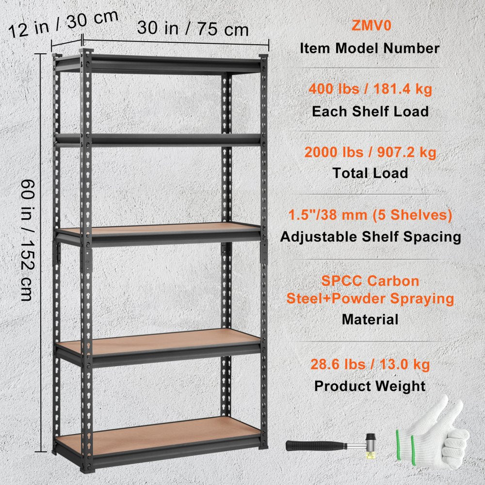 ODDTOOLS Storage Shelving Unit, 5-Tier Adjustable, 2000 lbs Capacity, Heavy Duty Garage Shelves Metal Organizer Utility Rack, Black, 30" L x 12" W x 60" H for Kitchen Pantry Basement Bathroom Laundry