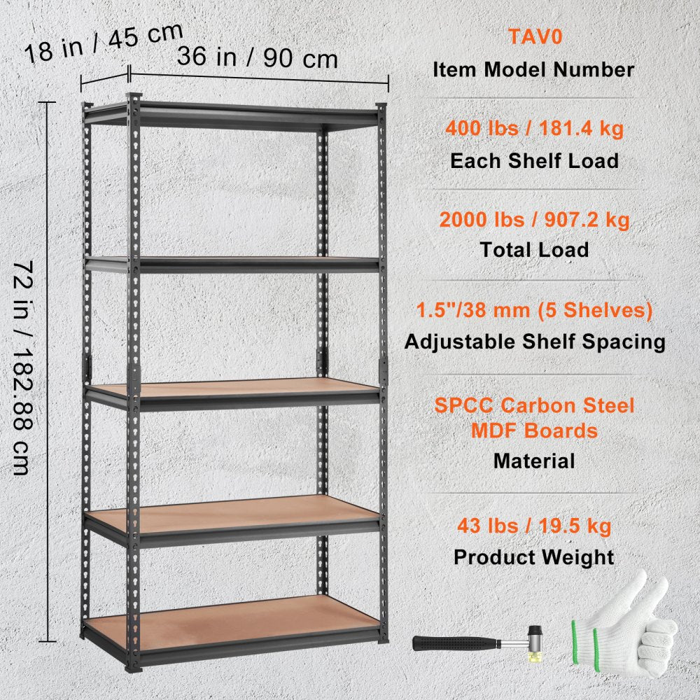 ODDTOOLS Storage Shelving Unit, 5-Tier Adjustable, 2000 lbs Capacity, Heavy Duty Garage Shelves Metal Organizer Utility Rack, Black, 36" L x 18" W x 72" H for Kitchen Pantry Basement Bathroom Laundry