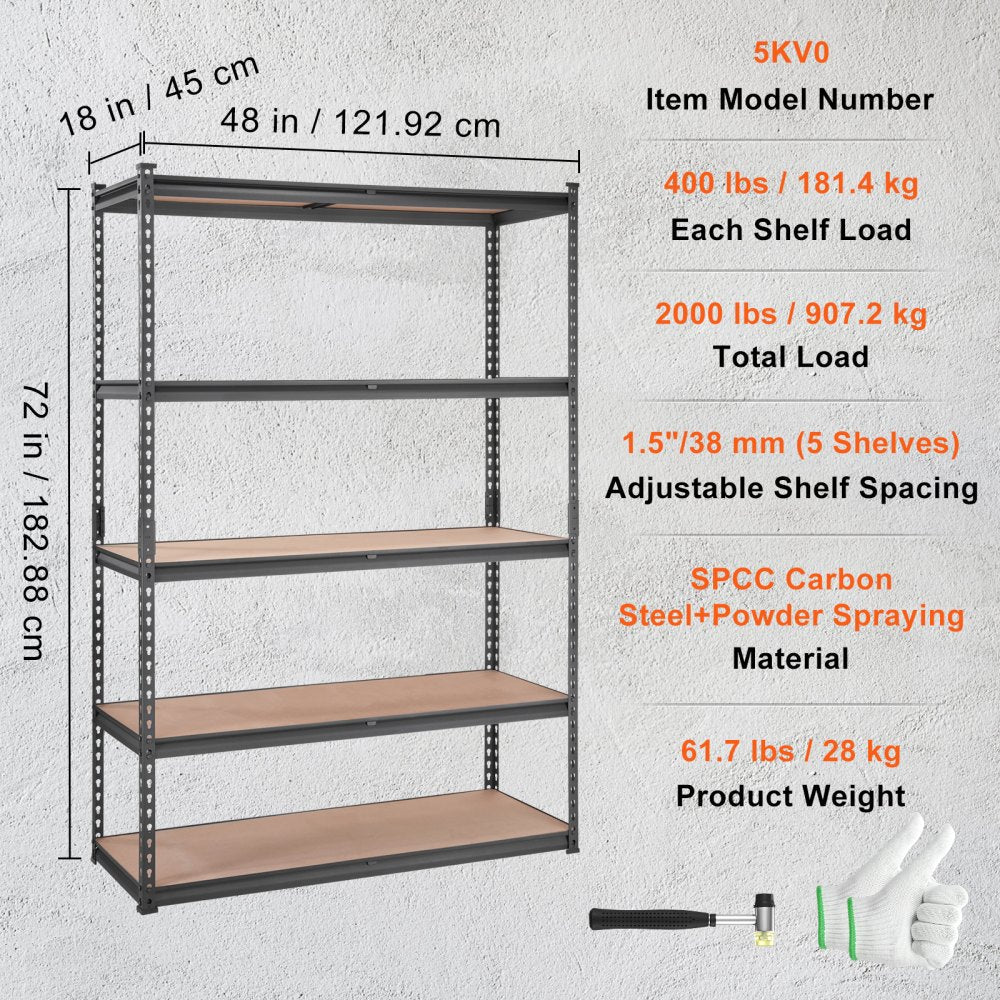 ODDTOOLS Storage Shelving Unit, 5-Tier Adjustable, 2000 lbs Capacity, Heavy Duty Garage Shelves Metal Organizer Utility Rack, Black, 18" D x 48" W x 72" H for Kitchen Pantry Basement Bathroom Laundry