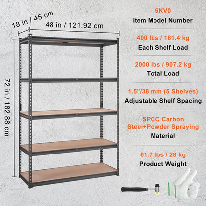 ODDTOOLS Storage Shelving Unit, 5-Tier Adjustable, 2000 lbs Capacity, Heavy Duty Garage Shelves Metal Organizer Utility Rack, Black, 18" D x 48" W x 72" H for Kitchen Pantry Basement Bathroom Laundry