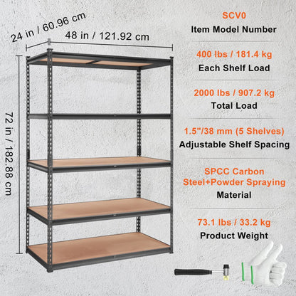 ODDTOOLS Storage Shelving Unit, 5-Tier Adjustable, 2000 lbs Capacity, Heavy Duty Garage Shelves Metal Organizer Utility Rack, Black, 48" L x 24" W x 72" H for Kitchen Pantry Basement Bathroom Laundry