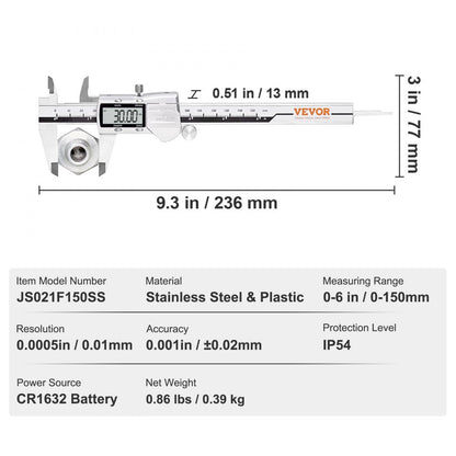 ODDTOOLS Digital Caliper, 0-6" Calipers Measuring Tool, Electronic Micrometer Caliper w/ ABS Oringinal Zero Function, Large LCD Screen & 4 Measurement Modes, Inch & mm Conversion, Extra 2 Batteries