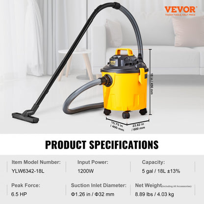 ODDTOOLS Shop Vacuum Wet And Dry, 5 Gallon 6 Peak HP Wet/Dry Vac, Powerful Suction with Blower Function with Attachments 2-in-1 Crevice Nozzle, Small Shop Vac Perfect for Carpet Debris, Pet Hair, Car