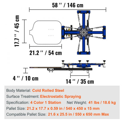 ODDTOOLS 4 Color 1 Station Screen Printing Machine, 21.2x17.7in / 54x45cm Screen Printing Press 360° Rotable Silk, Double-Layer Positioning Pallet for T-Shirt DIY Printing