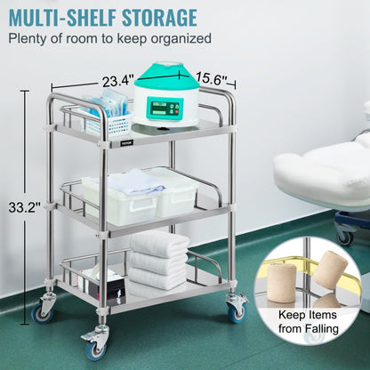 ODDTOOLS Lab Rolling Cart 3 Shelves Shelf Stainless Steel Rolling Cart Catering Dental Utility Cart Commercial Wheel Dolly Restaurant Dinging Utility Services (23.4" x 15.6" x 33.2")