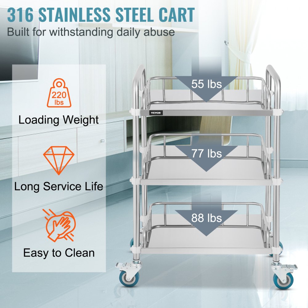 ODDTOOLS Lab Rolling Cart 3 Shelves Shelf Stainless Steel Rolling Cart Catering Dental Utility Cart Commercial Wheel Dolly Restaurant Dinging Utility Services (23.4" x 15.6" x 33.2")