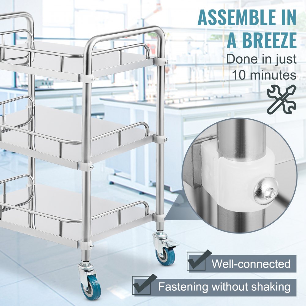 ODDTOOLS Lab Rolling Cart 3 Shelves Shelf Stainless Steel Rolling Cart Catering Dental Utility Cart Commercial Wheel Dolly Restaurant Dinging Utility Services (23.4" x 15.6" x 33.2")