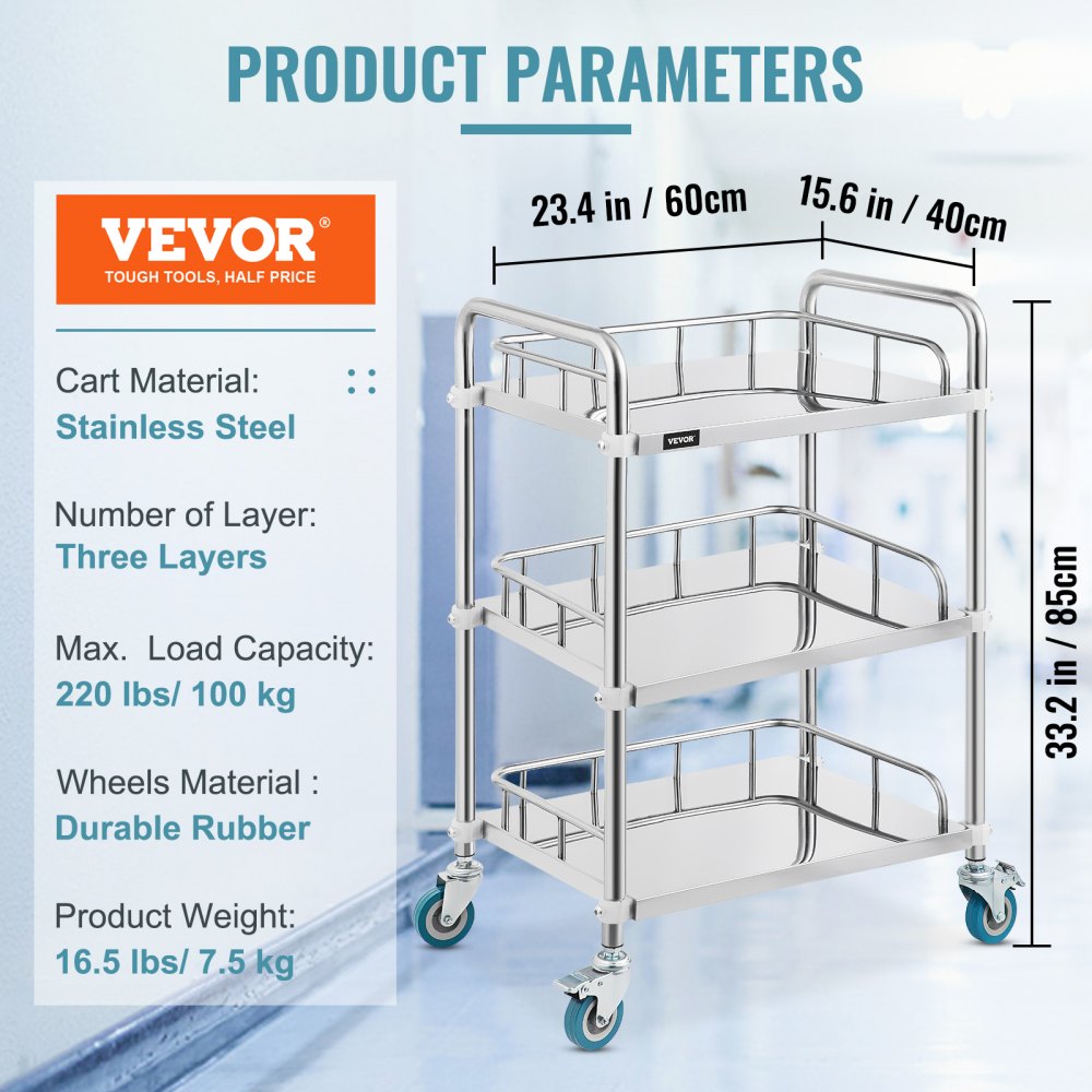 ODDTOOLS Lab Rolling Cart 3 Shelves Shelf Stainless Steel Rolling Cart Catering Dental Utility Cart Commercial Wheel Dolly Restaurant Dinging Utility Services (23.4" x 15.6" x 33.2")
