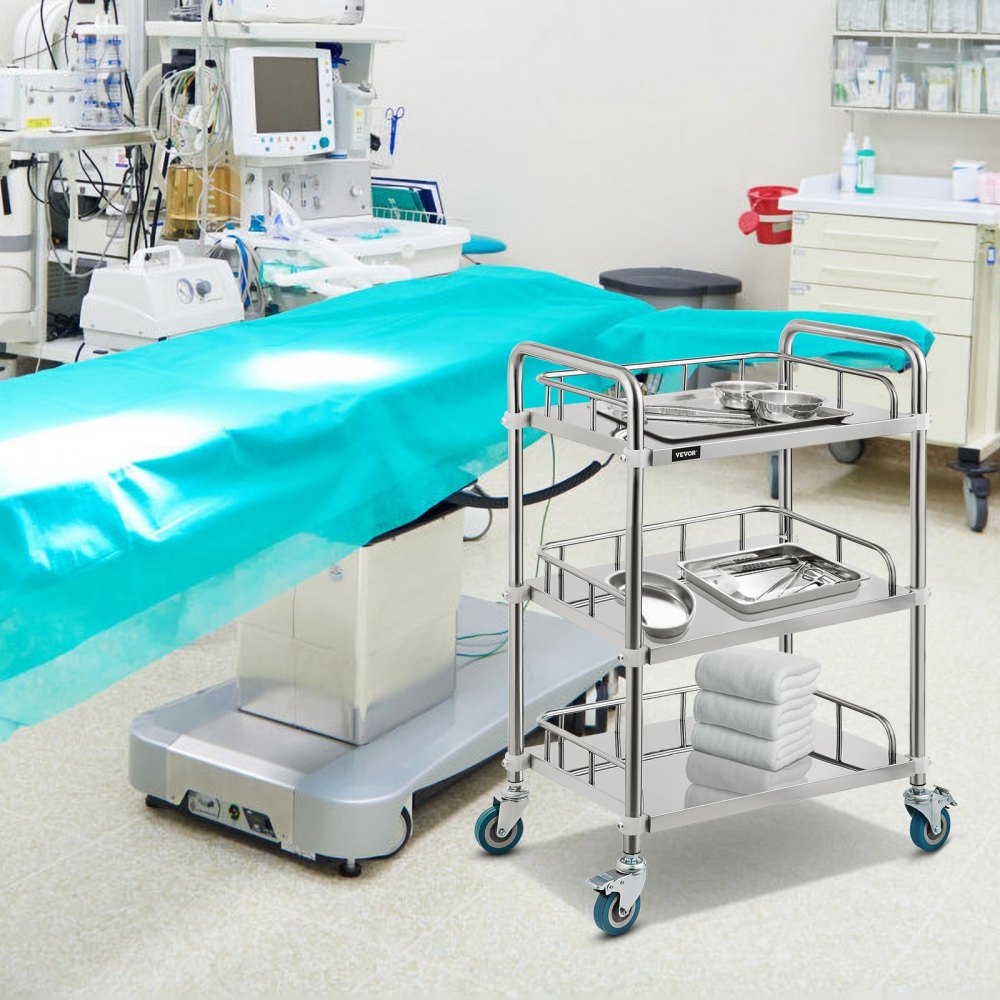 ODDTOOLS Lab Rolling Cart 3 Shelves Shelf Stainless Steel Rolling Cart Catering Dental Utility Cart Commercial Wheel Dolly Restaurant Dinging Utility Services (23.4" x 15.6" x 33.2")