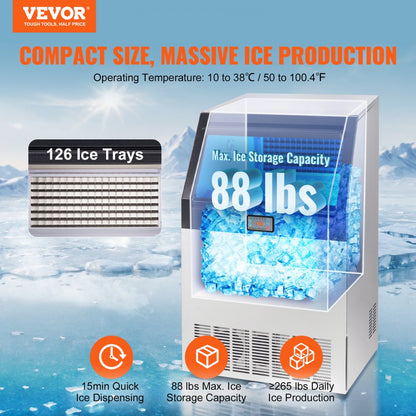 ODDTOOLS Commercial Ice Maker, 265lbs/24H, Ice Maker Machine, 126 Ice Cubes in 12-15 Minutes, Freestanding Cabinet Ice Maker with 88lbs Storage Capacity LED Digital Display, for Home Office Restaurant