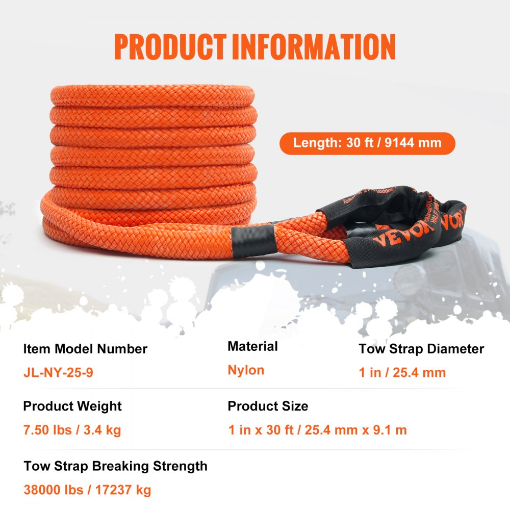 ODDTOOLS 1" x 30' Kinetic Recovery Tow Rope 38,000 lbs, Heavy-Duty Off Road Snatch Strap, Extreme Duty 30% Elasticity Energy Snatch Strap for Jeep Car Truck ATV UTV SUV Tractor