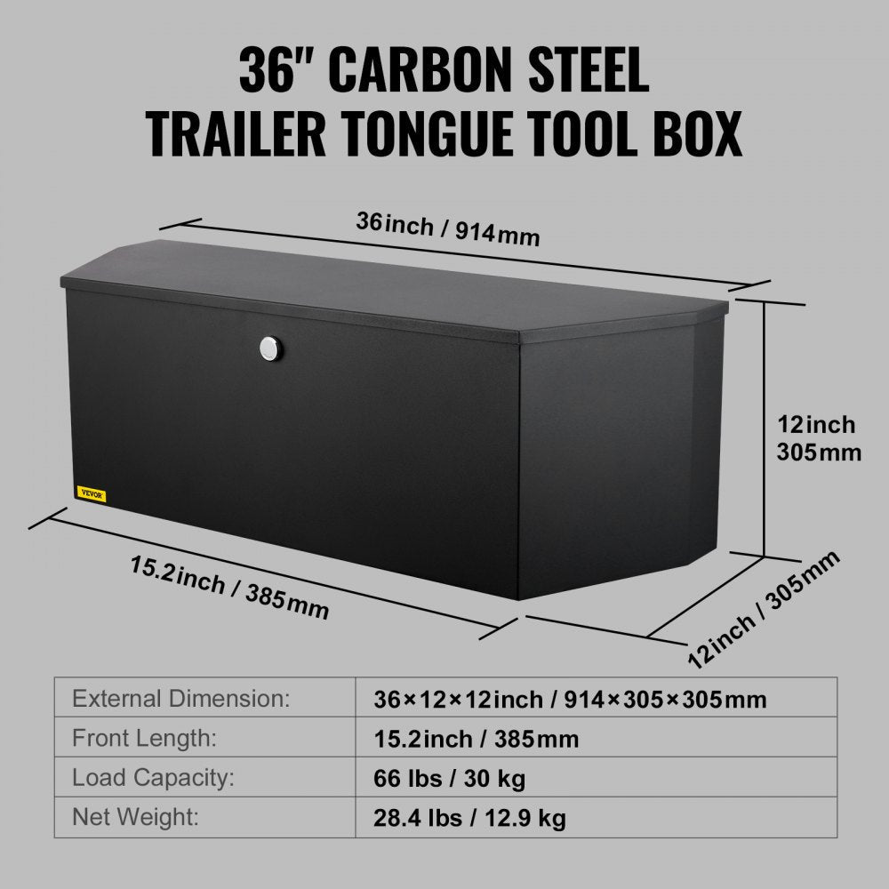 ODDTOOLS Trailer Tongue Box, Carbon Steel Tongue Box Tool Chest, Heavy Duty Trailer Box Storage with Lock and Keys, Utility Trailer Tongue Tool Box for Pickup Truck Bed, RV Trailer, 36"x12"x12"