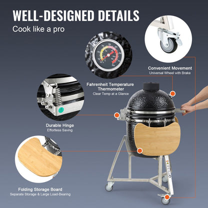 ODDTOOLS 18" Ceramic Barbecue Grill Smoker Portable Round Outdoor Grill for Patio