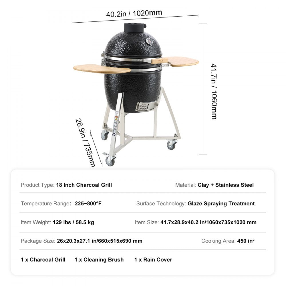 ODDTOOLS 18" Ceramic Barbecue Grill Smoker Portable Round Outdoor Grill for Patio