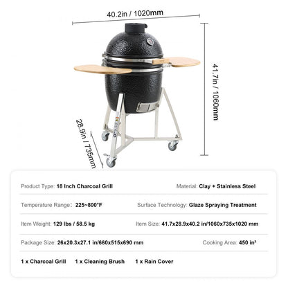 ODDTOOLS 18" Ceramic Barbecue Grill Smoker Portable Round Outdoor Grill for Patio