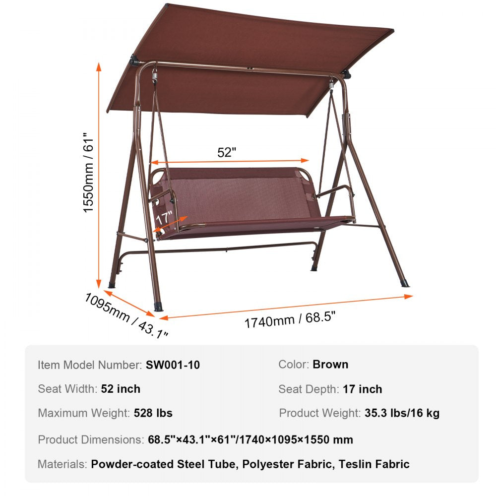 ODDTOOLS 3-Person Patio Swing Chair, Outdoor Patio Swing with Adjustable Canopy, Porch Swing with Armrests, Teslin Fabric and Alloy Steel Frame, for Balcony, Backyard, Patio, Garden, Poolside, Brown