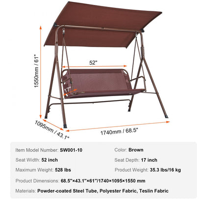 ODDTOOLS 3-Person Patio Swing Chair, Outdoor Patio Swing with Adjustable Canopy, Porch Swing with Armrests, Teslin Fabric and Alloy Steel Frame, for Balcony, Backyard, Patio, Garden, Poolside, Brown