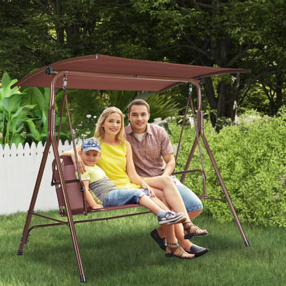 ODDTOOLS 3-Person Patio Swing Chair, Outdoor Patio Swing with Adjustable Canopy, Porch Swing with Armrests, Teslin Fabric and Alloy Steel Frame, for Balcony, Backyard, Patio, Garden, Poolside, Brown