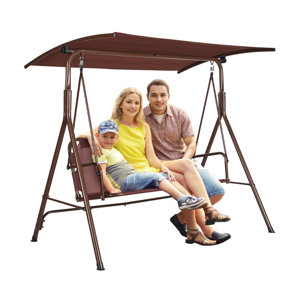 ODDTOOLS 3-Person Patio Swing Chair, Outdoor Patio Swing with Adjustable Canopy, Porch Swing with Armrests, Teslin Fabric and Alloy Steel Frame, for Balcony, Backyard, Patio, Garden, Poolside, Brown