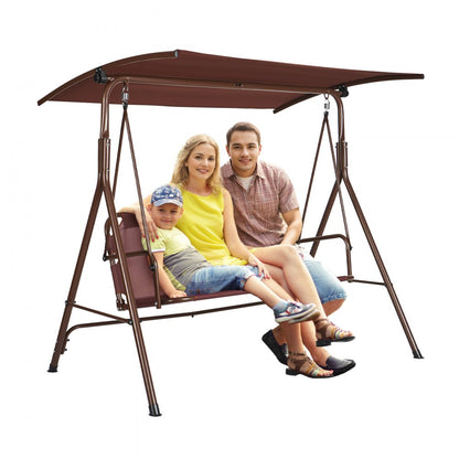 ODDTOOLS 3-Person Patio Swing Chair, Outdoor Patio Swing with Adjustable Canopy, Porch Swing with Armrests, Teslin Fabric and Alloy Steel Frame, for Balcony, Backyard, Patio, Garden, Poolside, Brown