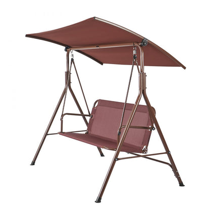 ODDTOOLS 3-Person Patio Swing Chair, Outdoor Patio Swing with Adjustable Canopy, Porch Swing with Armrests, Teslin Fabric and Alloy Steel Frame, for Balcony, Backyard, Patio, Garden, Poolside, Brown