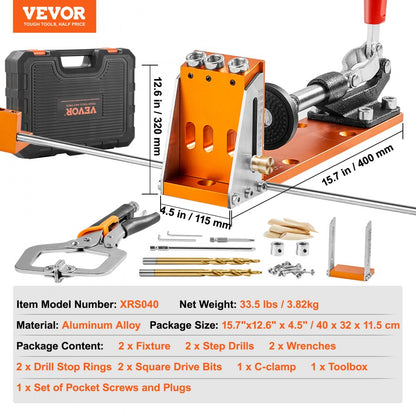 ODDTOOLS Pocket Hole Jig Kit, 34 Pcs Pocket Hole Jig System with 11" C-clamp,  Fixture, Step Drills, Wrenches, Drill Stop Rings, Square Drive Bits, Toolbox, Adjustable, for DIY Carpentry Projects