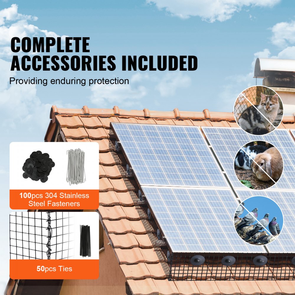 ODDTOOLS 6 inch x 100ft Solar Panel Bird Guard, Critter Guard Roll Kit with 100pcs Stainless Steel Fasteners, Solar Panel Guard with Rust-proof PVC Coating, 1/2 inch Wire Roll Mesh