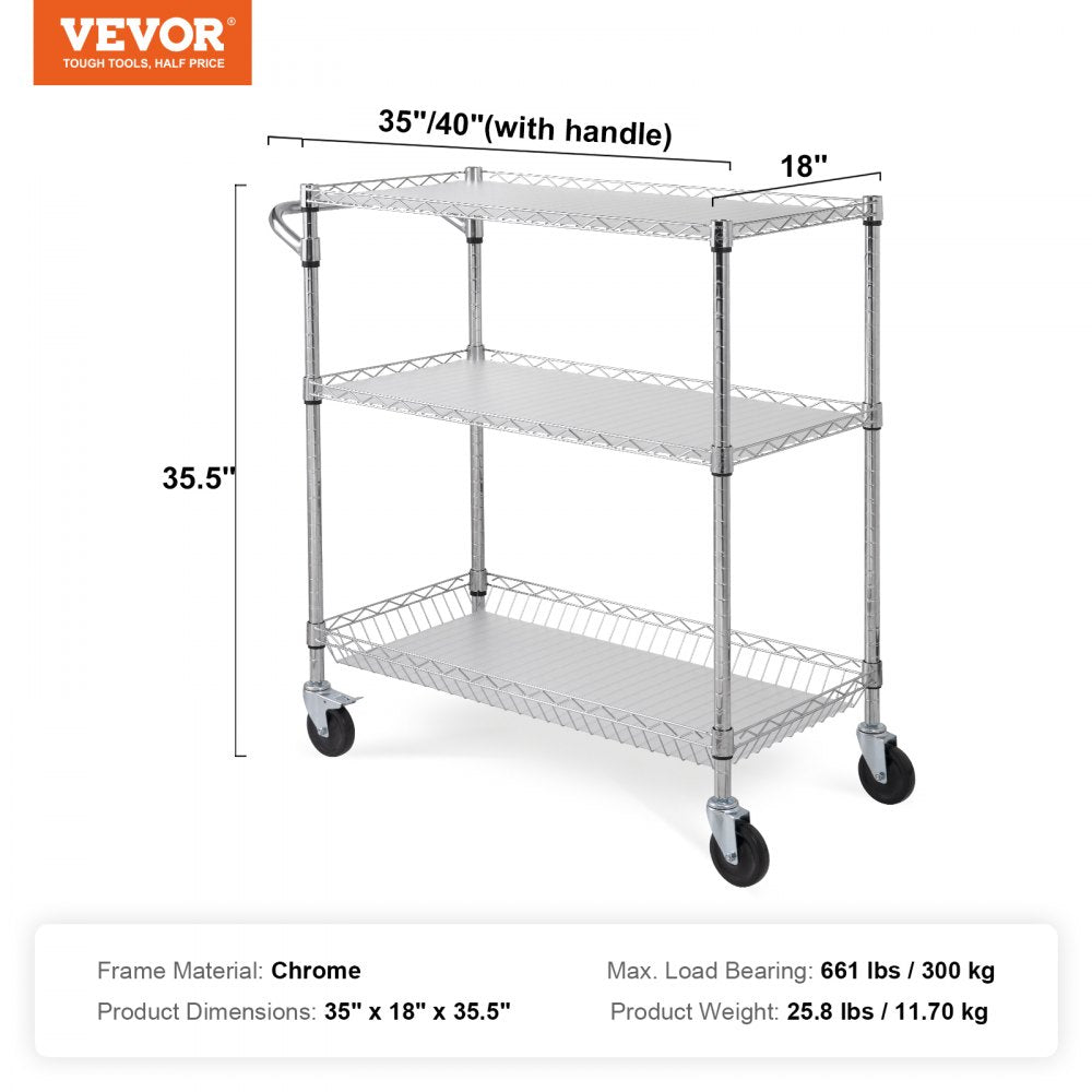 ODDTOOLS 3-Tier Utility Cart Rolling Cart on Wheels 35"x18"x35.5" 661 LBS 6 Hooks