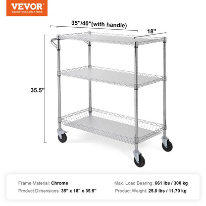 ODDTOOLS 3-Tier Utility Cart Rolling Cart on Wheels 35"x18"x35.5" 661 LBS 6 Hooks